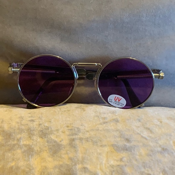 NEW! Purple Round Lens Sunglasses Silver Designed Metal Spring Sides - Picture 8 of 14